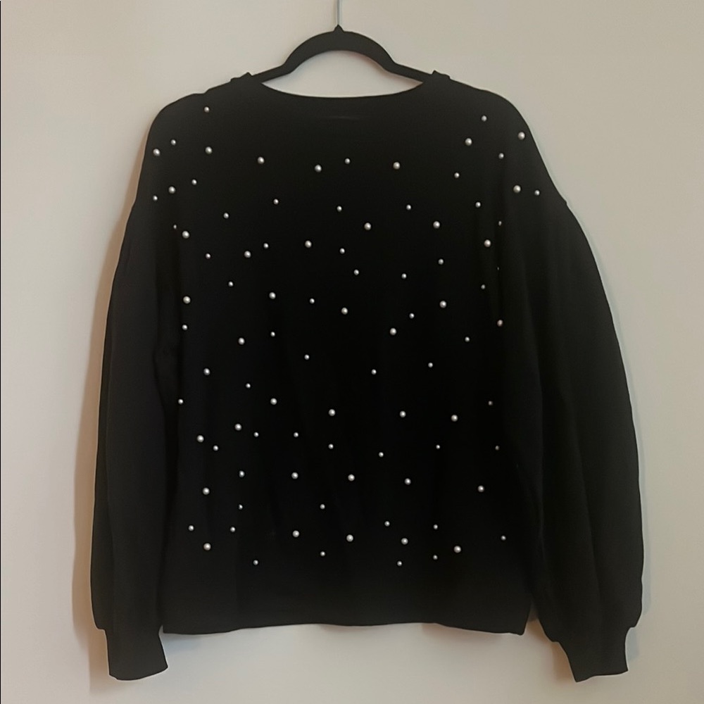 Zara Black Crew Neck Sweater with pearl Bead Embellishments